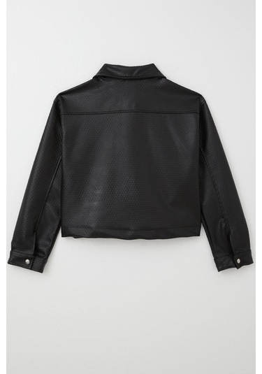 Breeze Kız Çocuk Deri Ceket Kabartma Desenli Çıtçıtlı 9-14 Yaş, Siyah Siyah