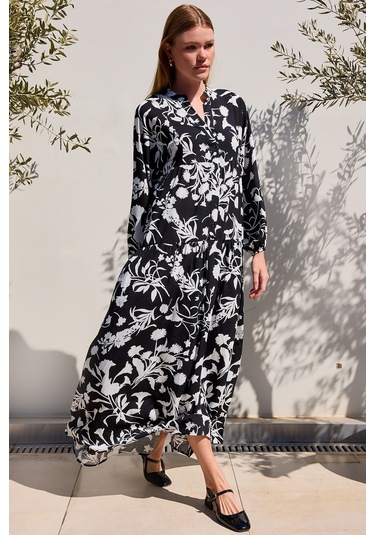 Bigdart Kadın Siyah Beyaz Viskon Tesettür Elbise 2423 001