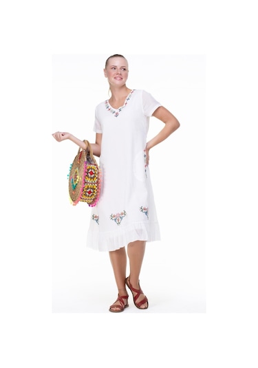 Kısa Kol Şile Bezi Mehtap Midi Boy Nakış Detaylı Elbise Krem Krm-krem