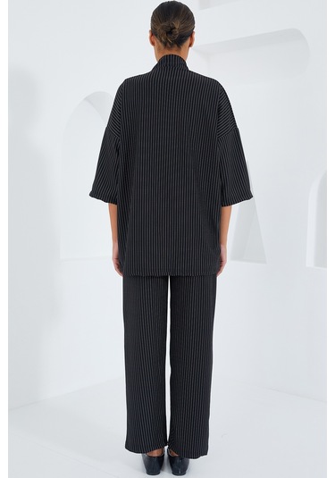 Bigdart 6661 Kadın Çizgili Kimono İkili Takım - Siyah 001