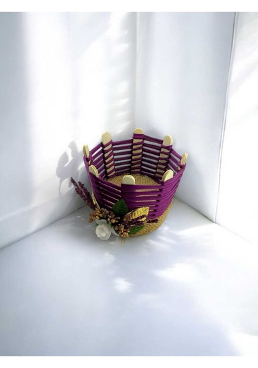 Hasır Takı Organizer El Yapımı Sepet Makyaj Kutusu Komodin Üstü Banyo Sepeti Mor