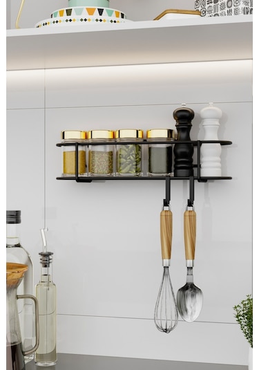 Bino Baharatlık Lüks Metal Siyah Mutfak Rafı Banyo Rafı Yapışkanlı Kancalı Tasarım Tuzluk Askılık Çok Renkli
