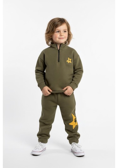 Fermuar Detaylı Şimşek Baskılı 2 Li Takım Haki