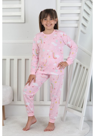 Cute Dreams Pattern Uzun Kollu Kız Çocuk Pijama Takımı Pembe