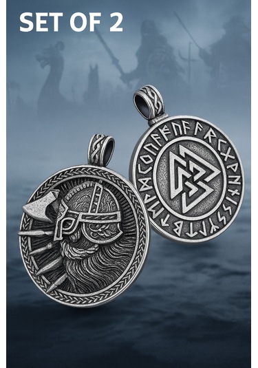 Paslanmaz Çelik 2 Li Viking Kolye Seti Valknut Ve Savaşçı Sembolü Erkek Kolye Gümüş