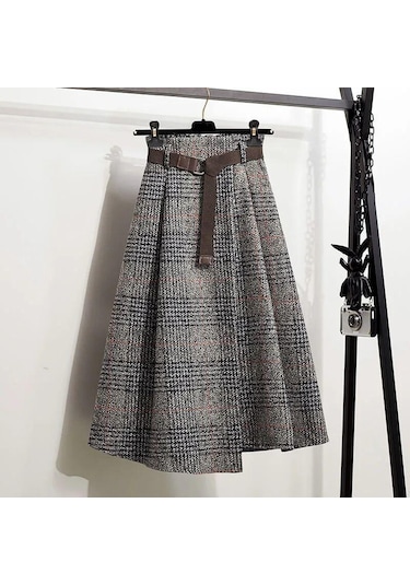 Sonbahar Ve Kış Kadın Etek Yüksek Bel A-line Etek Vintage Ekose Elastik Bel Yün Ekose Etek Gri