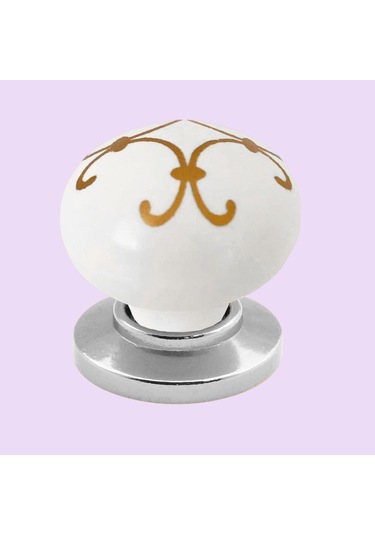 Defne Altın Çizgili Beyaz Polimer Düğme Kulp Krom Tablalı Mobilya Mutfak Dolabı Çekmece Kulbu Kulpları
