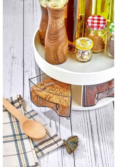 Toptanfoni 360 Dönebilen 2 Katlı Çekmeceli Mutfak Baharatlık Organizeri Ve Düzenleyicisi 6 Bölmeli Büyük Boy Şeffaf