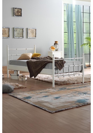 Lalas Tek Kişilik Ferforje Metal Karyola-beyaz Ahşap Latalı