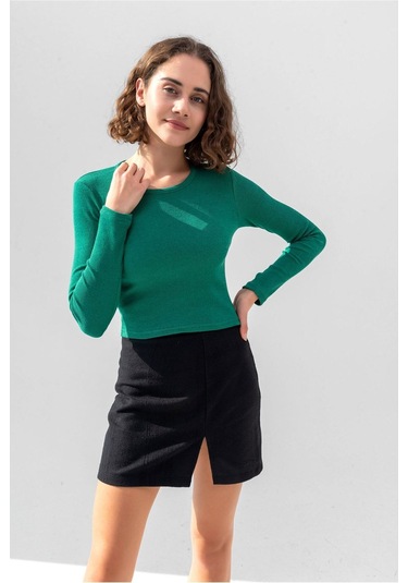 Gri Uzun Kollu Fitilli Bluz Crop Örme T-shirt Çimen Yeşili
