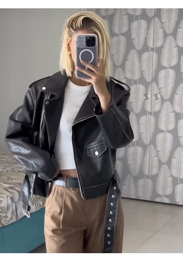 Prifaldi Suni Deri Crop Bıker Ceket Siyah