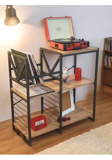 Plak Standı Metal Gövdeli Ahşap Raflı Pilak Köşesi Dresuar Siyah