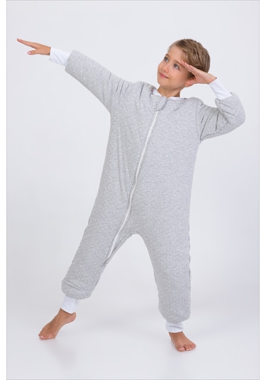 Kız Erkek Çocuk Kalın Elyaf Dolgulu Premium Kalite 2.5 Tog Desenli Uyku Tulumu Gri - Beyaz