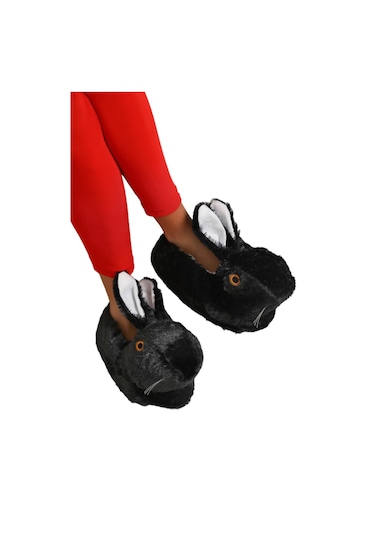 Peluş Tavşan Figürlü Kaymaz Ve Ses Yapmaz Ev Panduf Siyah-siyah Siyah