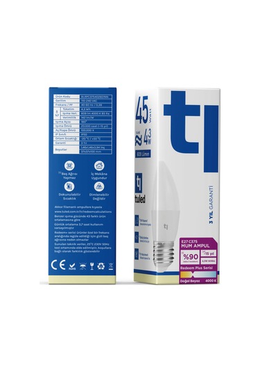 Redeem Plus C37s E27 Mum Ampul, Titreşimsiz, Göz Konforu, 609 Lümen, Doğal Beyaz, 4000 Kelvin