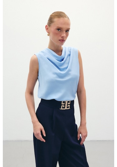 Sateen Degaje Yaka Saten Bluz - Mavi-136199 Mavi