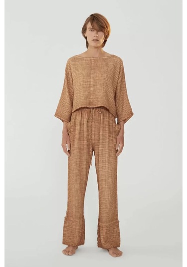 Kahverengi Yüksek Kalite Pamuk Truvakar Kollu Üst-yüksek Belli Pantolon Takım Kahverengi