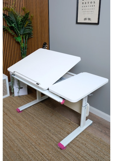 Vega Simple Yükseklik Ayarlı Beyaz Çalışma Masası, Bilgisayar Ve Ofis Masası, Modern Ahşap Masa Fuşya