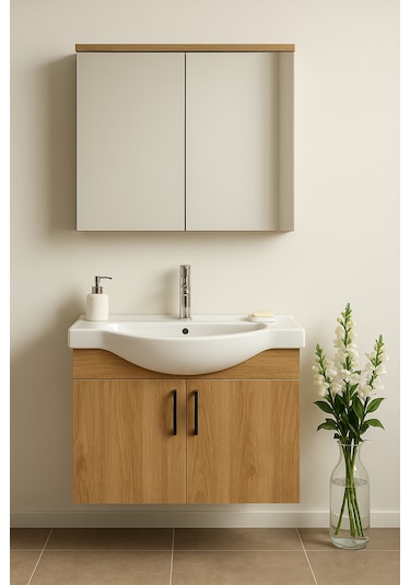 Nova 80 Cm Mdf Ahşapi, Oval Seramik Lavabo, Banyo Dolabı Takımı Ahşap