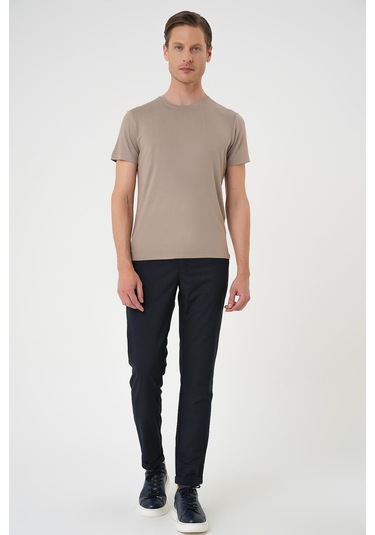 Slim Fit Bisiklet Yaka Düz Pamuklu Vizon Tişört Ts 823 Vizon