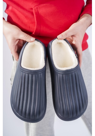 Modafrato Flora Kapalı İçi Yünlü Unisex Ev Terliği Kışlık Terlik Su Geçirmez Lacivert