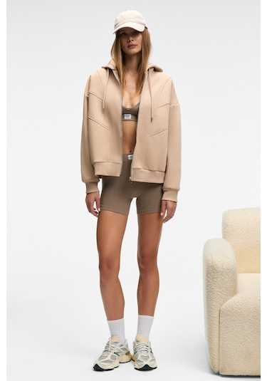 VYSELLE Kadın Önü Kesikli Metal Fermuarlı Kapüşonlu Etiket Detaylı Oversize Vizon Sweatshirt