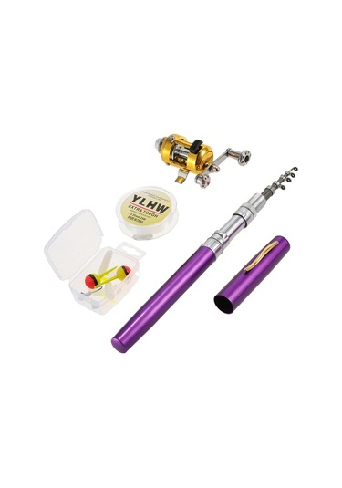 Mufunye Cep Olta Kamışı, Dolma Kalem Olta Kamışı, Dörtlü Set Olta Kamışı + Yem + Misina + Balık Kutusu Mor