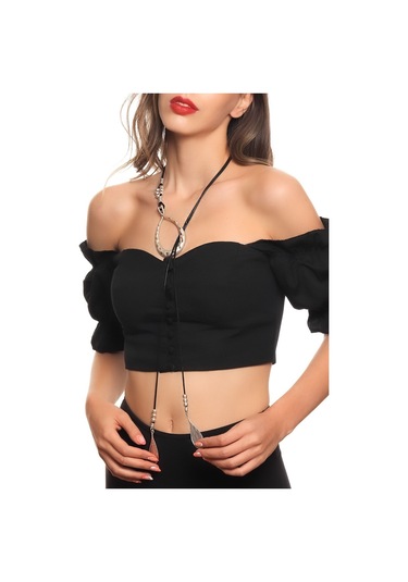 Kadın Antik Gümüş Kaplama Yaprak Charmlı Dolama Model Tasarım Ip Kolye Gümüş - Siyah