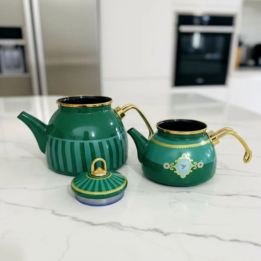 Bird Studio Yeşil Renk Emaye Çaydanlık Takımı 2 Lt. + 1 Lt. Yeşil