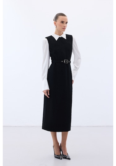 Sateen Kemerli Tüvit Elbise - Siyah-136575 Siyah