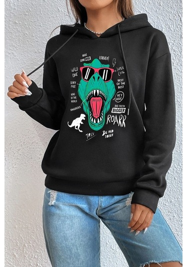 T - Rex Baskılı Sweatshirt Siyah