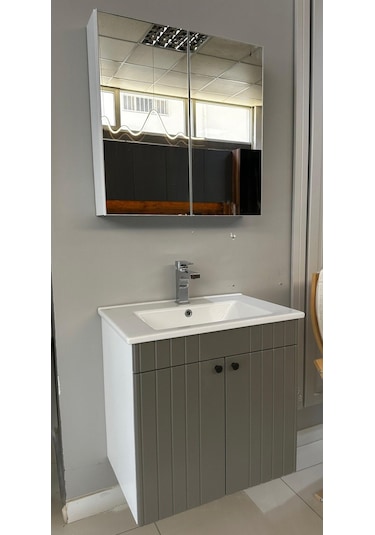 Banyo Dolabı Aynalı Cnc İşlemeli 65 Cm Gri Kulplu