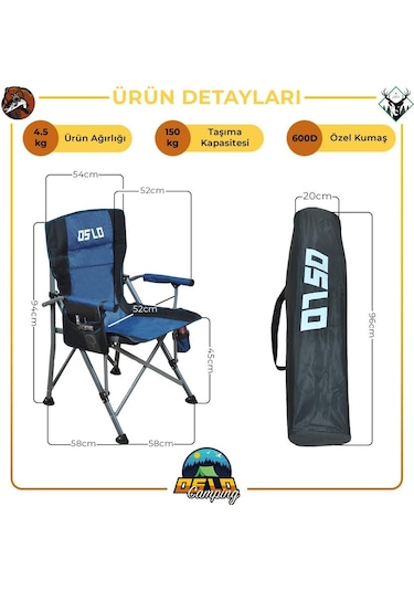 Oslo Lüks Katlanabilir Kamp Sandalyesi - Mavi
