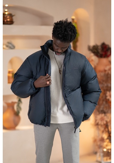 Oversize Bol Kesim Dik Yaka Fermuar Kapamalı Şişme Mont Lacivert