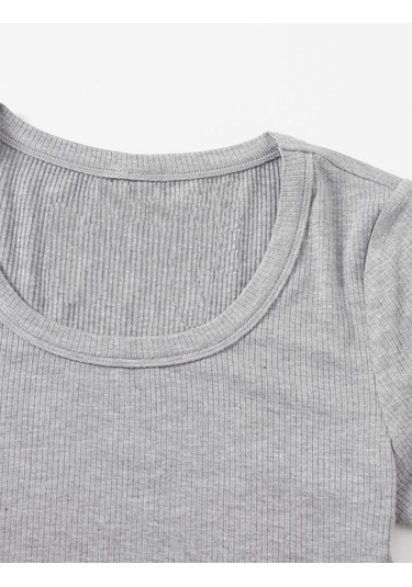 U Yaka Gri Renk Fitilli Kısa Kollu Regular Crop Top Bluz Gri