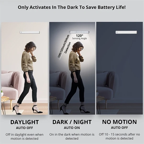 Meridiangoods 3lü Modern Led Dolap Altı Lamba Hareket Sensörü Usb Şarjlı 40cm Sıcak Beyaz Sıcak Beyaz