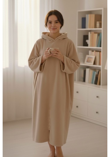 Serona Wellsoft Peluş Kapüşonlu Uzun Panço Yumuşak Dokulu Giyilebilir Tv Battaniyesi Bej S/m Bej