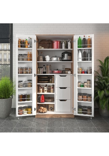 165 Derece Açılabilir 2 Kapaklı, 3 Çekmeceli, Kavanoz Raflı Kiler Ve Erzak Mutfak Dolabı Atlantik Çam Beyaz