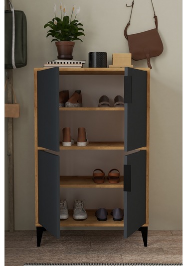1403 Ada Ayakkabılık 4 Raflı 4 Kapaklı Çok Amaçlı Dolap Kiler Safir Antrasit Antrasit - Safir