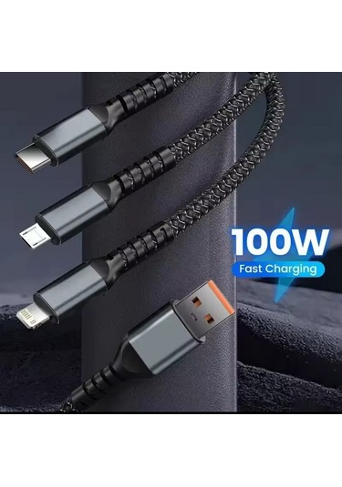 Işıklı 3 İn1 Lightning-micro-type-c 100w Hızlı Şarj Kablosu 3a 1.2m Siyah