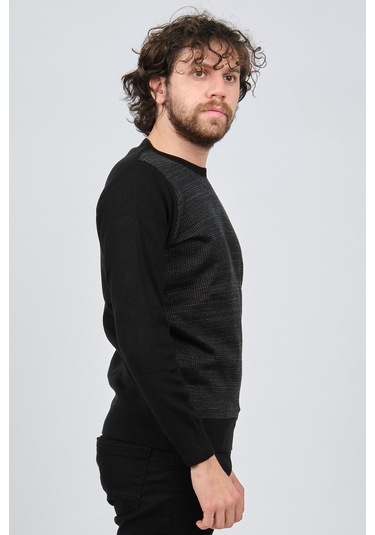 Çizgi Triko Erkek Bisiklet Yaka Desenli Kazak 42554225 Siyah Siyah