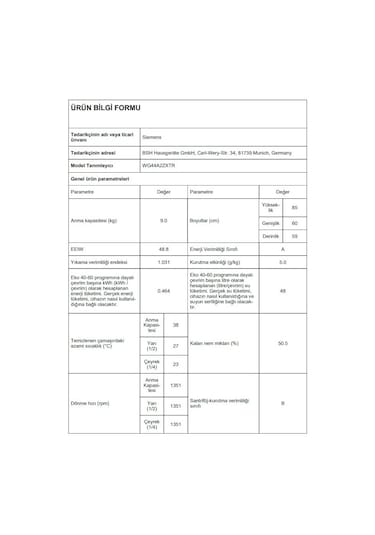 Siemens WG44A2ZXTR 1400 Devir 9 KG Çamaşır Makinesi