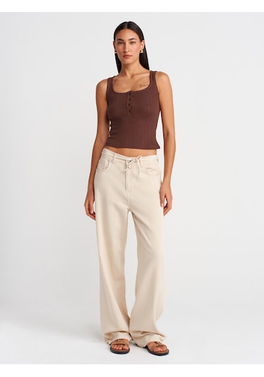 Dilvin 21069 Düğmeli Kare Yaka Top-açık Kahve Açık Kahve