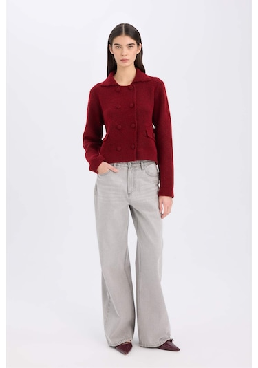 DeFacto Regular Fit Polo Yaka Basic Düz Düğmeli Triko Hırka E2289AX24WNBR93 Bordo