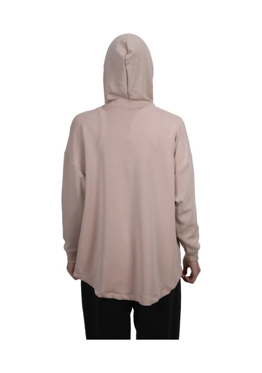 Kadın Modal Kumaş Yumuşak Dokulu Fermuarlı Rahat Kalıp Bej Kapüşonlu Ceket Hırka Bej
