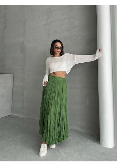 Kadın Buruşuk Modal Dokulu Soft Uzun Etek Yeşil