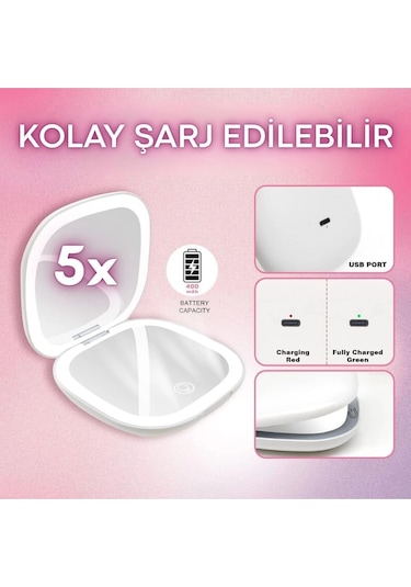 Işıklı Büyüteçli Cep Aynası, Makyaj Usb Şarjlı Katlanır Dokunmatik Led Seyahat El Makyaj Aynası Çok Renkli