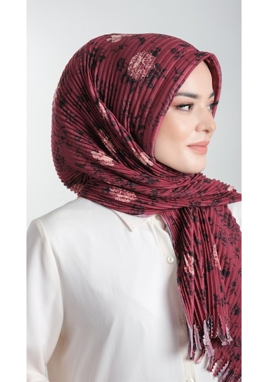 Bordo Pratik Hazır Geçmeli Tesettür Eşarp Kesik Elyaf Piliseli Çi (553630009) Bordo