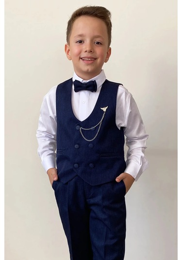Erkek Çocuk Takım Elbise Papyonlu Yelekli Takım Elbise Lacivert