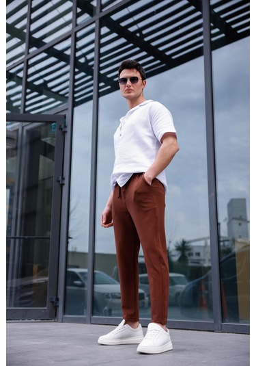 Erkek Kahve Renk Likralı Kumaş Jogger Pantolon-1757 Kahve Kahverengi